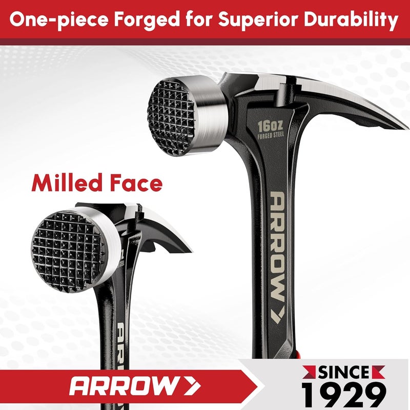 Arrow Fastener مطرقة ARROW 16 أونصة ذات مخلب مستقيم، مطرقة مخلب ممزق مع مزيل مسمار جانبي، وجه مشغول ومقبض ماص للصدمات، مطرقة مصنوعة من قطعة واحدة - Image 4